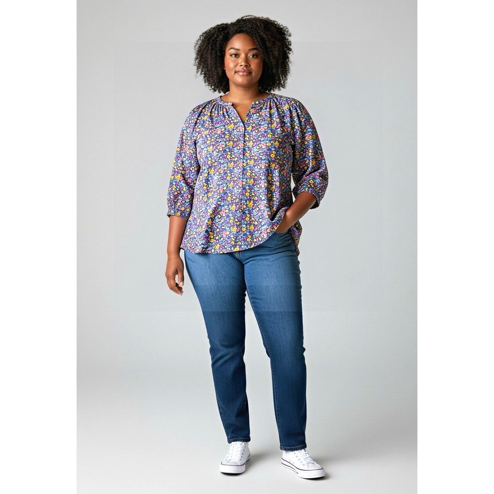Anne Carson Women’s Plus 1X Blue Floral V-Neck 3/4 Sleeve Pullover Blouse